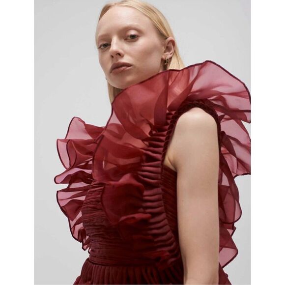 Aje. Asra Pleated Frill Midi Dress in Mahogany Red NWT Size 12/ US 8 - Picture 4 of 11